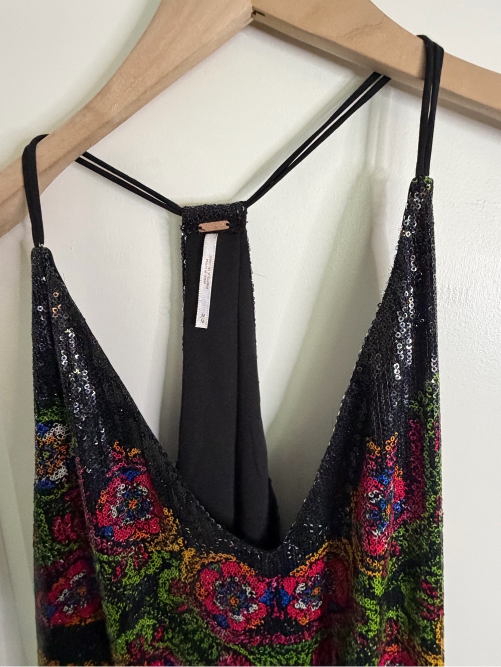 Free People Black Sequin Slip Dress with Multicolor Floral Embellishment - Picture 3 of 3